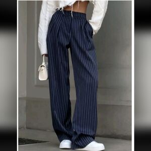 Commense Navy Pinstripe Pleated Wide-Leg Pants NWT Size Large-mango-zara-H&M